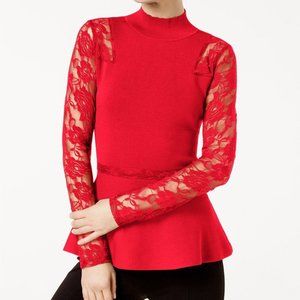 INC | Red Peplum Mock Turtleneck with Lace Sleeves (NWOT)